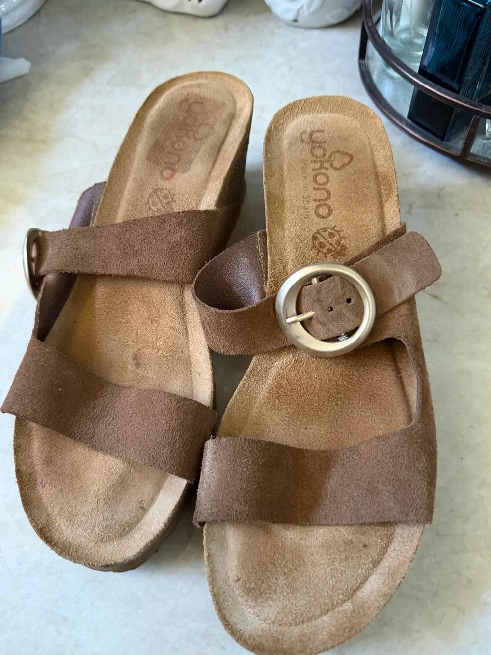 yokono brown suede wedge sandals Sz 9